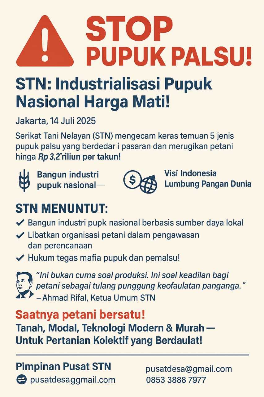 STN Desak Industrialisasi Nasional Pupuk Usai Terkuaknya Skandal Pupuk Palsu